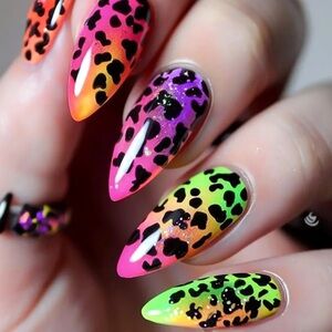 Retro Leopard Neon Colors Vibrant Almond Press-On Nails